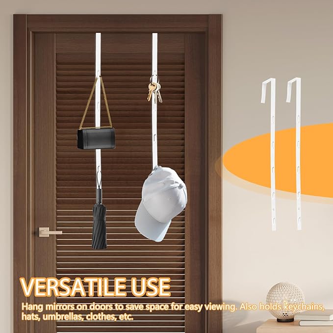 1 Pair Over The Door Mirror Hanger, 14 Inch/36cm Size Mirror Door Hanger with 4 Adjustable Holes (Fits Hole-Mounted Mirrors), Easy to Install – White Color, Mirrors Not Included