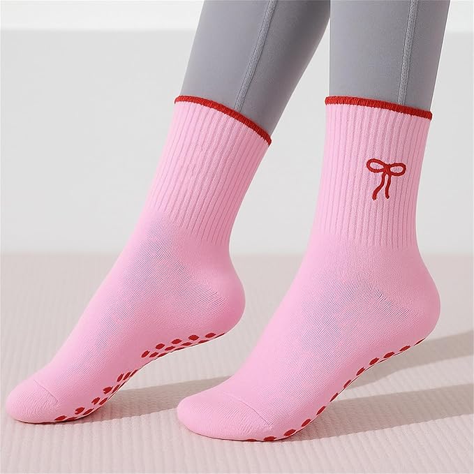 3 Pairs Cute Pilates Socks with Grips for Women Non Slip Yoga Socks Grippy Crew Socks Embroidery Pattern for Workout Ballet