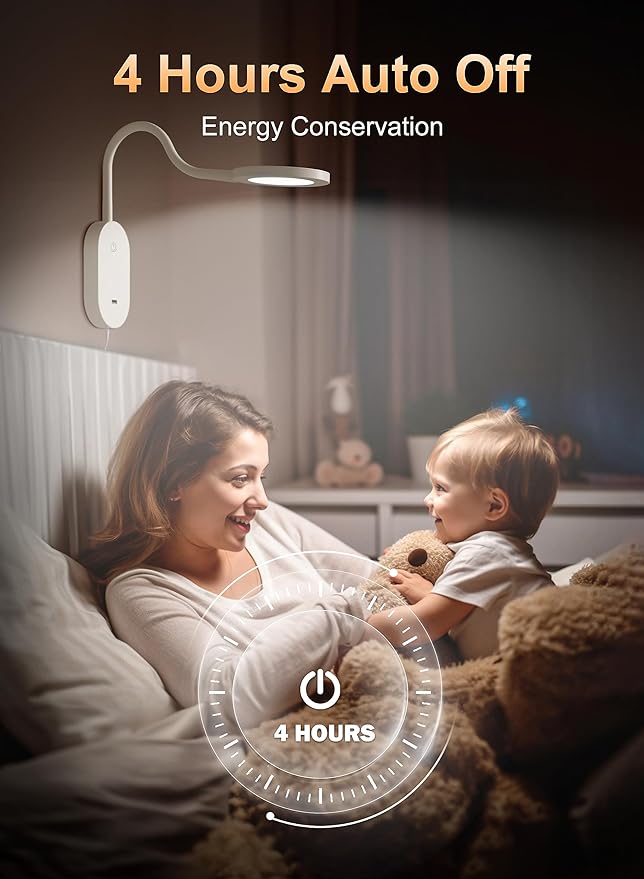 deeloop Wall Mounted Reading Light,Book Lights with USB Output, Reading Lamps for Bed Headboard in 4 Hours Auto-Off, Touch Control Wall Lamp with 5 Dimmable Flexible Gooseneck Bedside Lamps White