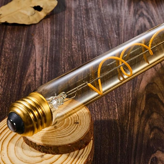 Leools Vintage LED Spiral Filament Bulb T10,11.8inch Long Tubular Dimmable Edison Light Bulbs,E26 Medium Base,Amber Glass,Warm White,2200K,400LM(40W Equivalent),T30 Led Tube Bulb,Pack of 4.