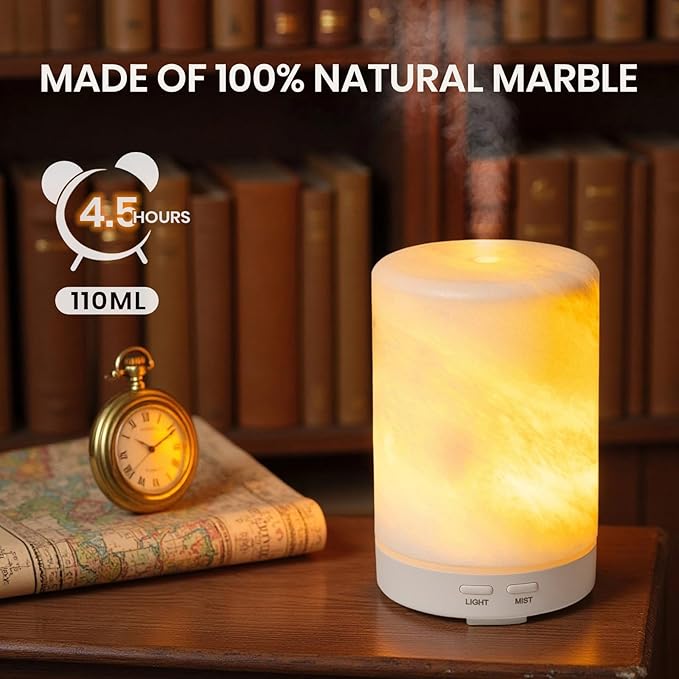 Koville White Marble Essential Oil Diffuser - Ultrasonic Aromatherapy & Humidifier with 2-Color LED Lights, 110ML Decorative Marble Aromatherapy Diffuser, Auto Shut-Off, Scent for Home, Office, Yoga
