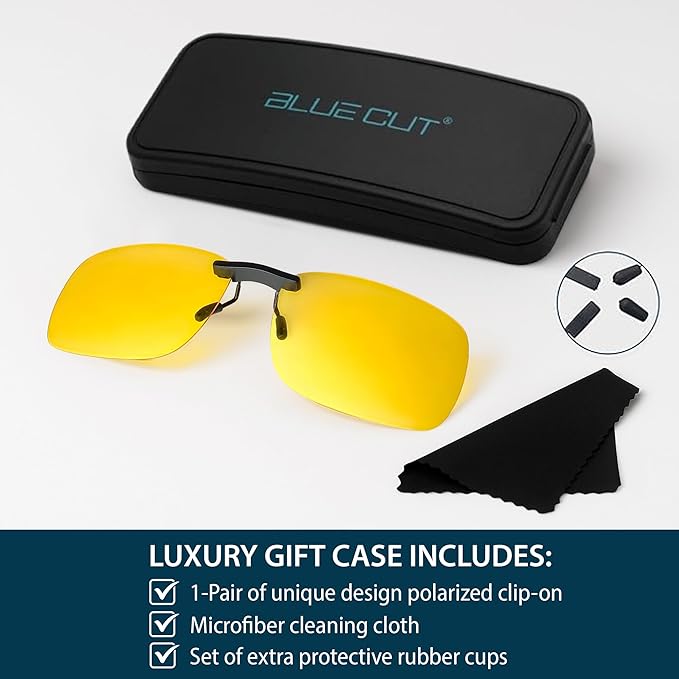 BLUE CUT Clip on Polarized Night Vision, Driving Sunglasses UV 400 Blocker To Wear Over Prescription Glasses