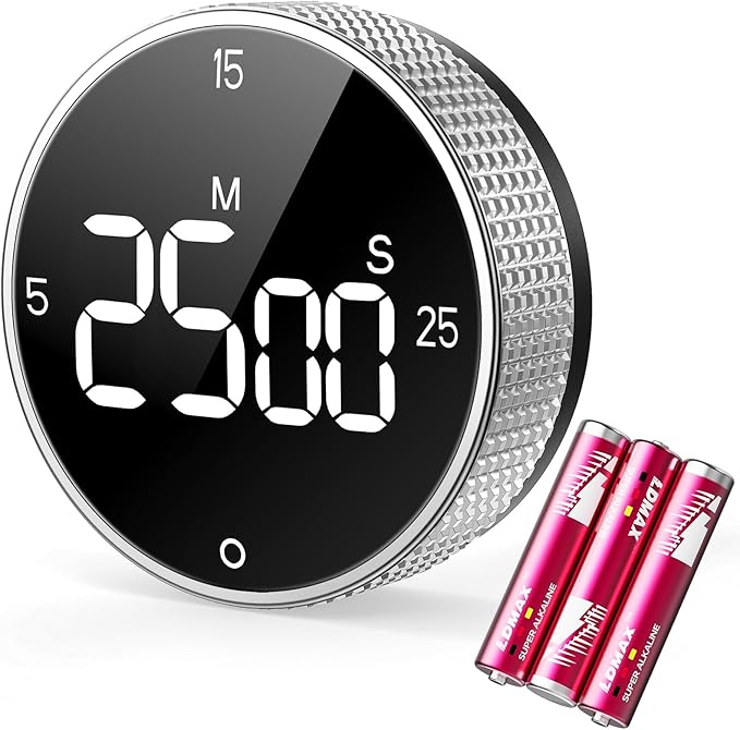 Digital Kitchen Timer with Magnetic, Large LED Display Countdown/Countup Timer, Pomodoro Preset 5/15/25 Mins, Volume & Brightness Adjustable for Cooking Baking Working Studying Silver