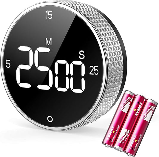Digital Kitchen Timer with Magnetic, Large LED Display Countdown/Countup Timer, Pomodoro Preset 5/15/25 Mins, Volume & Brightness Adjustable for Cooking Baking Working Studying Silver