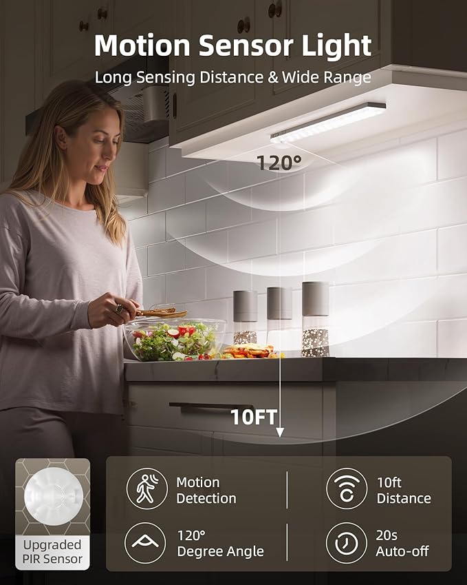 EZVALO Under Cabinet Lights, 62 LED Rechargeable Battery Operated Motion Sensor Light Indoor 3 Color Temps, Wireless Closet Lights Under Counter Lights for Kitchen 6 Pack