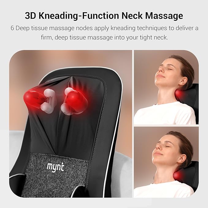 Mynt 2D & 3D Shiatsu Neck and Back Massager for Chair with 10 Deep Kneading Nodes, Back Massage with Heat, Portable Spot Massage Chair Pad (Black)