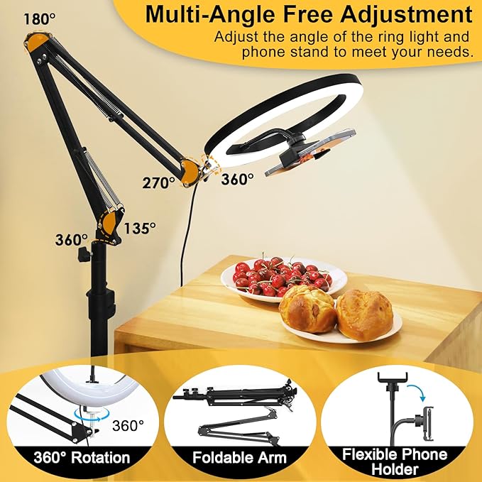 Yoobao 12" Ring Light with 81" Tripod Stand Folded Arm, Overhead Camera Mount Phone Holder with Casters, 3 Color Modes, LED Selfie Light for Video Recording Photography Live Streaming TikTok YouTube