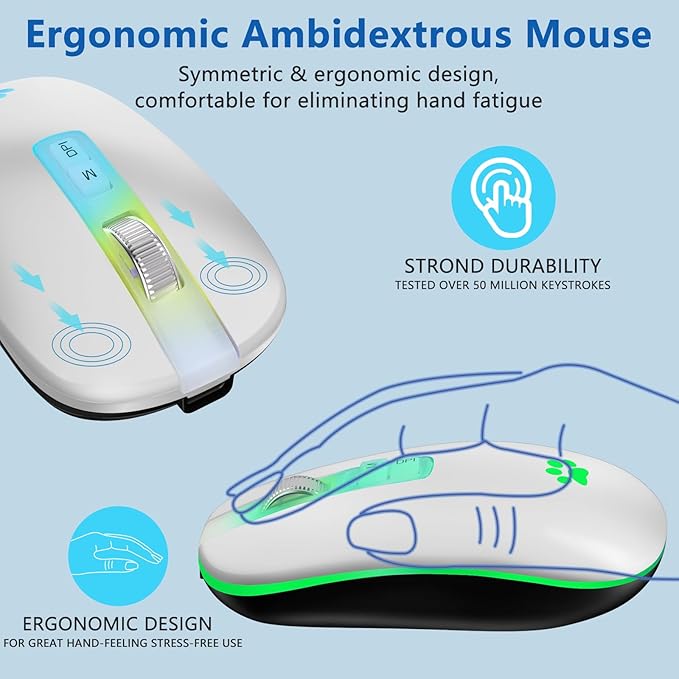 KARFUN Wireless Mouse, Backlit LED Portable Slim Laptop, PC, MacBook, iPad, Chromebook, Notebook 2.4G Rechargeable Wireless Mouse (Ivory White)