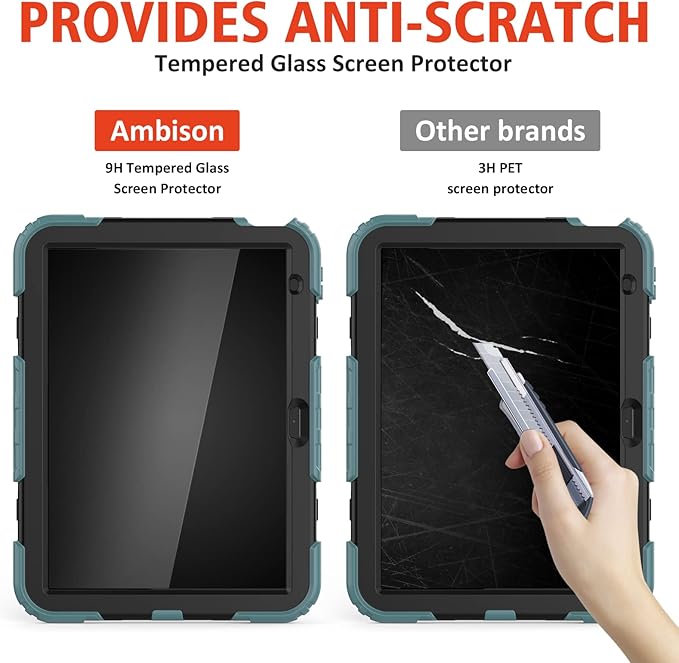 Ambison Case for iPad (A16) 11th/10th Generation 11''/10.9'' 2025/2022, [Kid Proof] Full Body Protective Case with 9H Tempered Glass Screen Protector, 360° Rotatable Kickstand & Hand Strap (Teal)