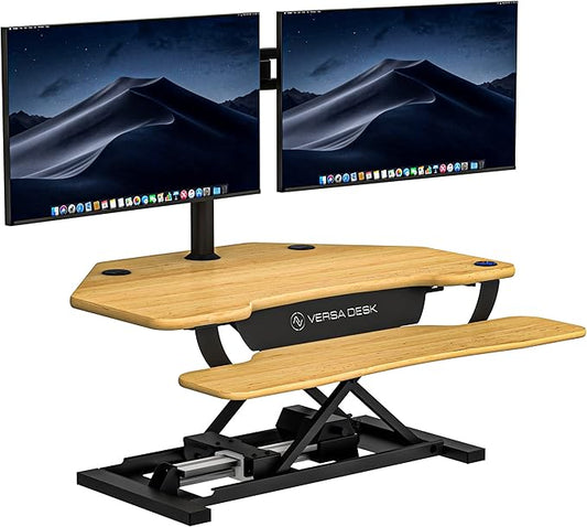 VERSADESK® PowerPro™ 36” x 31” Corner Standing Desk Converter | 36 Inch Electric Adjustable Desk Riser - Sit or Stand w/programmable Controller, Keyboard Tray & USB Hub, Maple