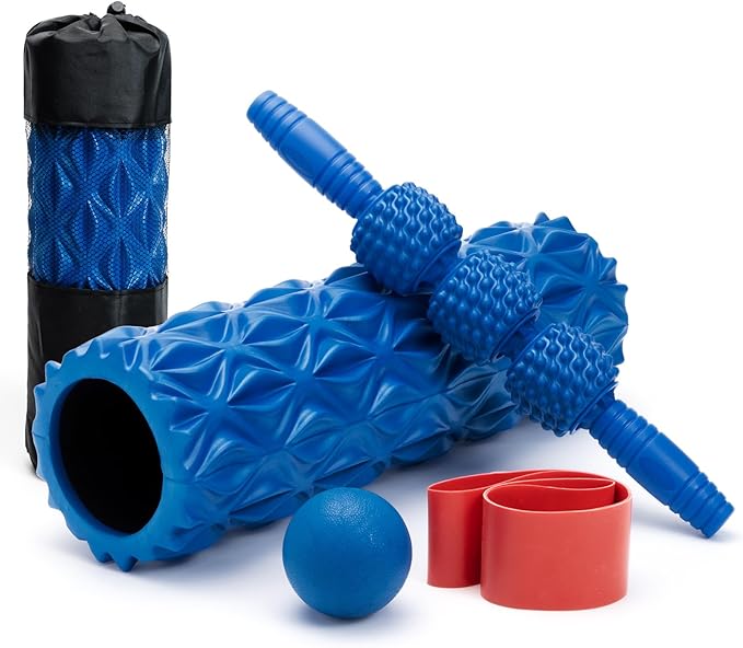 5 in1 Foam Roller Set, Trigger Point Foam Roller, Massage Roller Stick, Massage Ball, Resistance Band for Deep Muscle Massage Pilates Yoga,Fitness Exercise for Whole Body (Pure Blue)