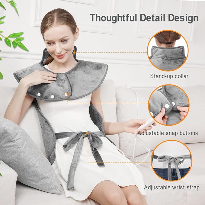 Fast Heating Electric Heating Pad for Neck and Shoulder and Back with 6 Heating Settings & 4 Timer, Large Size Heated Wrap with Auto Shut Off & Machine Washable (Silver Gray, 37x24 inch)