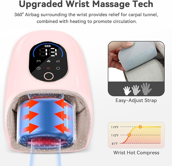 KingPavonini Hand Massager with Heat and Compression, Wrist Heating & Air-Compression, Palm Rolling, Cooling Fan, Cordless Wrist and Hand Massager for Arthritis and Carpal Tunnel, Gift for Women Men