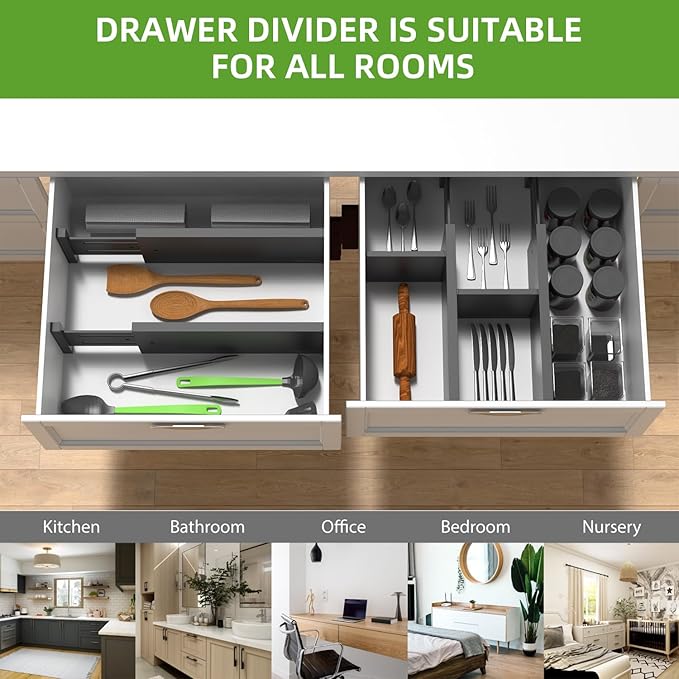 ANTOWIN 4 Pack Expandable Drawer Dividers, 4.7'' High, Extend from 12.2'' to 17.7'', Dresser Drawer Organizers, Bamboo Separators for Kitchen, Bedroom, Office, Bathroom (Black)