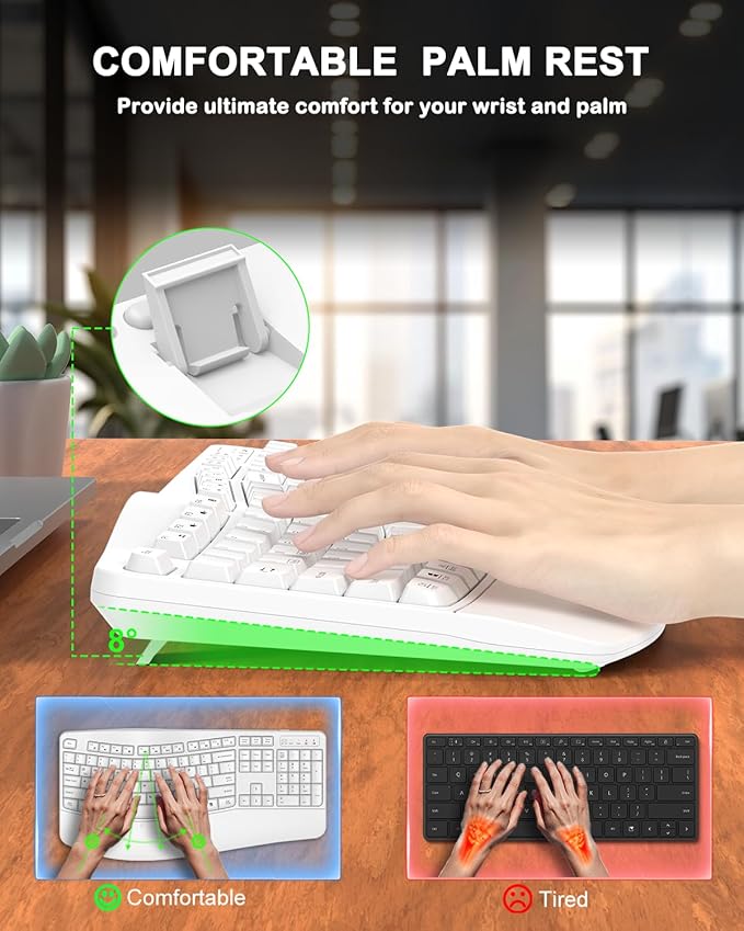 Ergonomic Wireless Keyboard with Wrist Rest, Wave Keys, Comfortable Natural Typing, 2.4GHz Full Size Ergo Wireless Computer Keyboard for Multi-OS, Windows, Mac OS Laptop/PC/Notebook (White)