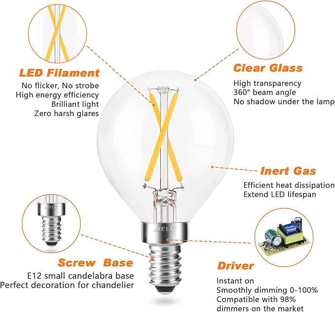 E12 LED Light Bulbs 25-Watt Equivalent (Dimmable), Warm White 2700K, 2W Vintage Clear G15/G50 Globe LED Bulb for Beside Lamp Ceiling Fan Pendant Lights Chandelier Fixture, 200 lm, 8 Pack