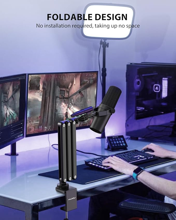 KU XIU Aluminum Alloy Boom Arm Microphone Stand for Desk, Three-Section Adjustable Mic Arm Mount with Cable Management Channels for Desktop Podcasting, Recording, Streaming, Gaming, Home Office-Black