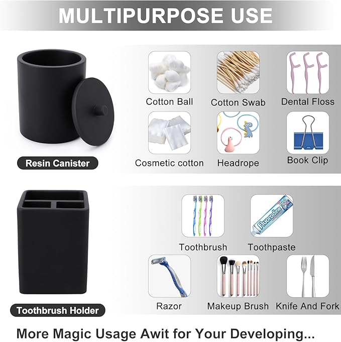 Resin Matte Black Bathroom Accessories Set of 5, Lotion Soap Dispenser, Bathroom Organizer Accessory, Toothbrush Holder, Self Draining Soap Dish and Bathroom Tumbler for Modern Home Decor