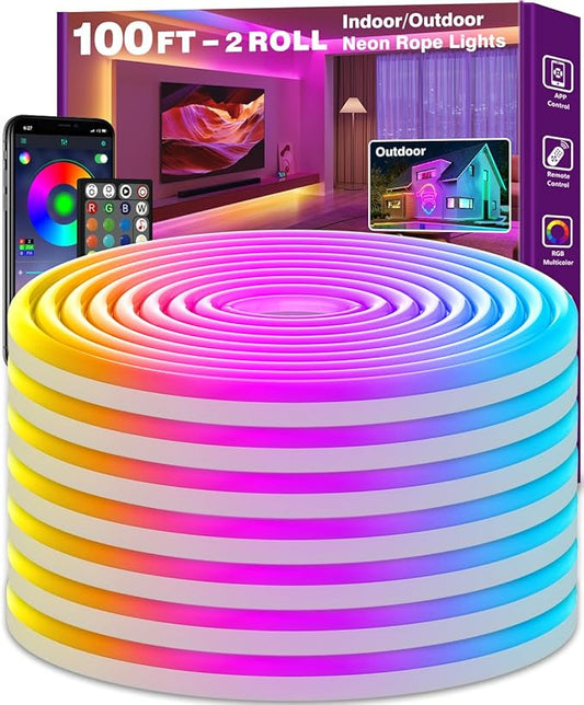 SINLEY Led Neon Rope Lights,Control with App/Remote,Flexible Led Rope Lights,Multiple Modes,IP68 Outdoor RGB Neon Lights Waterproof,Music (100FT)