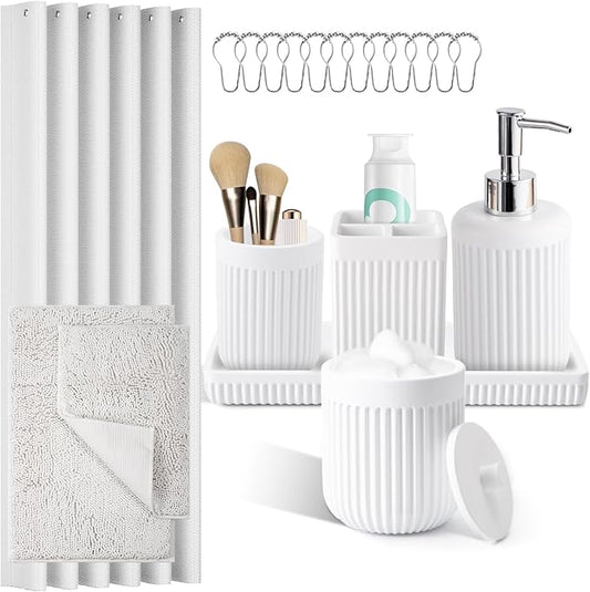 8-Piece White Bathroom Set - Resin Bathroom Accessories Sets Complete with Shower Curtain and Rugs, Soap Dispenser, Toothbrush Holder, Cup, Tray & Cotton Swab Jars
