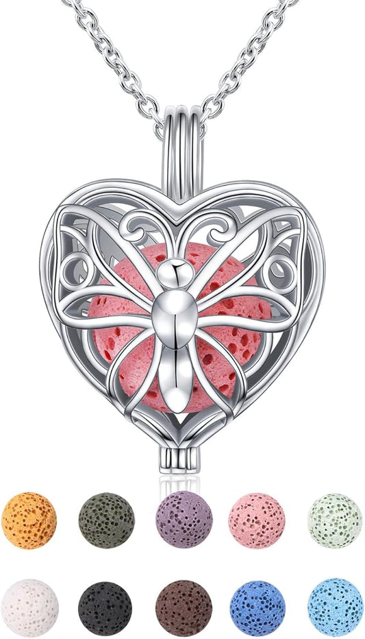S925 Sterling Silver Aromatherapy Essential Oil Diffuser Necklace Love Heart Butterfly Locket Perfume Pendant Necklace Jewelry 18+2 inches with 10 PCS Stones