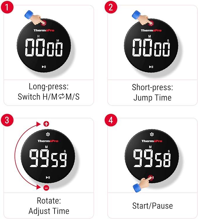 ThermoPro 99-Hour Digital Kitchen Timer with Strong Magnetic & Stable Stand, Classroom Timers with 3-Volume-Level, Stopwatch with Large LED Display, Digital Timers for Classroom, Office & Gym(Black)