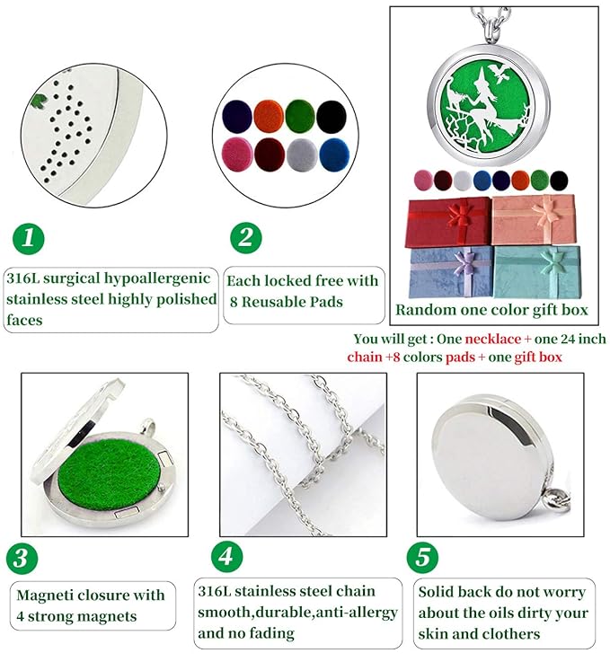 Essential Oil Diffuser Necklace - Aromatherapy Jewelry Halloween Stainless Steel Magic Witch Locket Pendant with 24 Inches Chain + 8 Washable Refill Pads Birthday