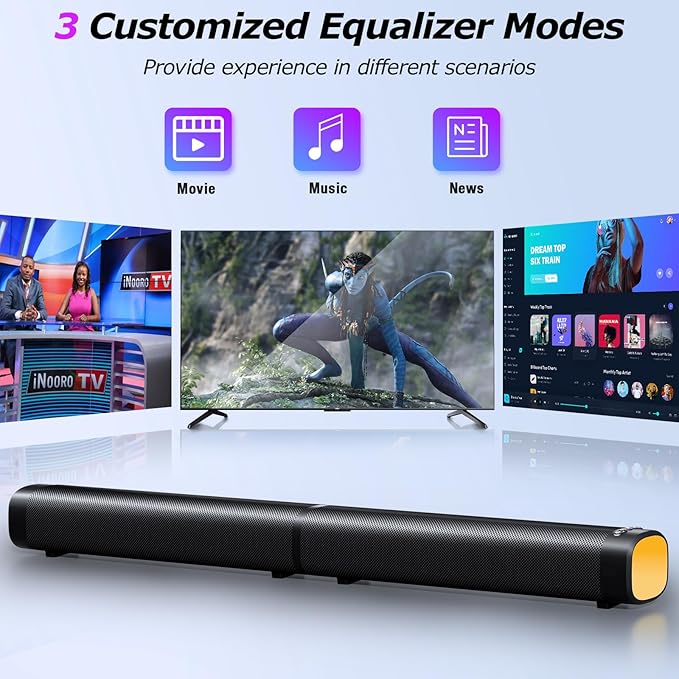 Sound Bar,100W Sound Bar for Smart TV with 3 RGB Lights Modes, Bluetooth 5.3, ARC/Opt/AUX Connect, Detachable 2-in-1 Speaker, 3 Equalizer Modes, Bass Surround Soundbar for TV/PC/Gaming/Projectors