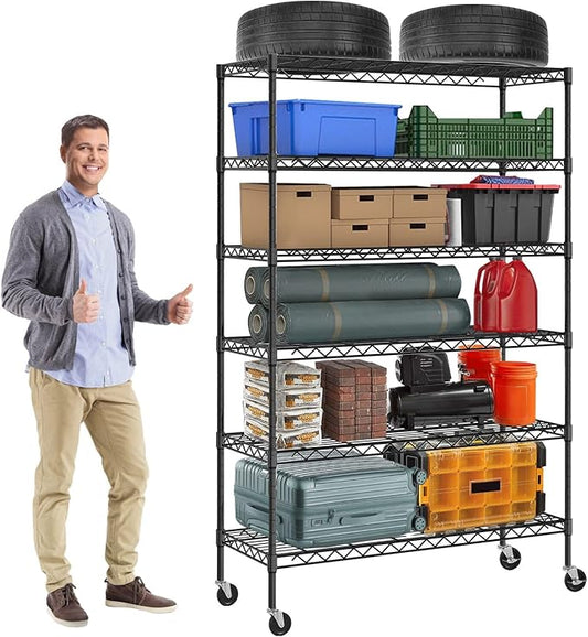 6-Tier Storage Shelves | 2100 LBS Capacity Garage Shelving | 48"×18"×82" Heavy Duty Metal Shelving Unit | Adjustable Wire Shelf on Wheels | Storage Rack for Garage Kitchen Pantry Basement, Black