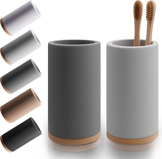 Matani Bamboo Toothbrush Holder Diatomite Tooth Brush Organizer - Storage Stand for Small Bathroom & Counter - Removable Base & Drain Holes, Water-Absorbent & Quick-Drying (Grey & Light Grey)