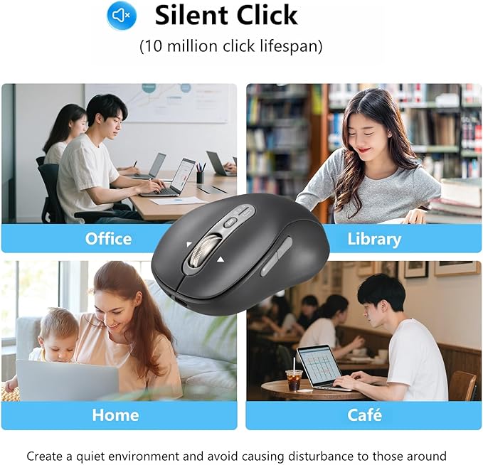 Wireless Bluetooth Mouse, Portable Rechargeable, Multi-Device,4-Level DPI,USB-A Receiver and Two Bluetooth, Multi-System,4-Way Scrollig for MacBook Air/Pro, iPad, Laptop, Computer. (Grey)