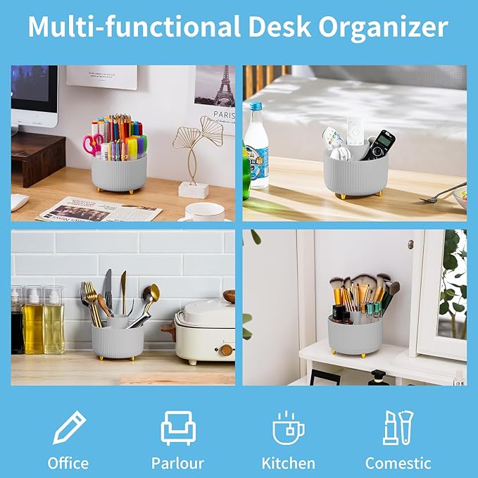 Marbrasse Desk Organizer, 360-Degree Rotating Pen Holder, Desk Organizers and Accessories with 5 Compartments Pencil Holder, Art Supply Storage Box Caddy for Office, Home (Grey)