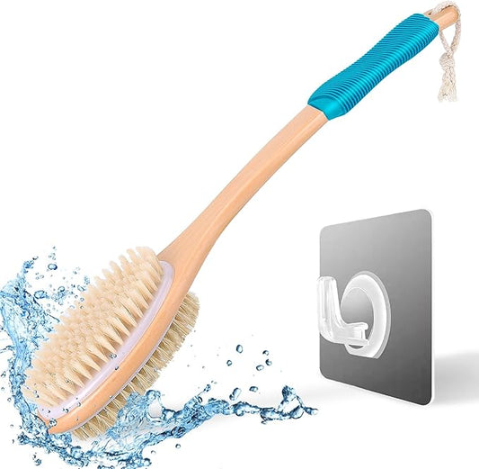 KIPRITII Ergonomically Back Scrubber for Shower - Double-Sided Back Brush Long Handle for Shower, Wet & Dry Brush for Cellulite and Lymphatic (Blue)