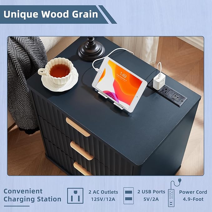 LEYAOYAO 23" Wide Fluted Night Stand with Charging Station, 3 Drawers Large End Table with Storage,Nightstand Wood Bedside Tables, Farmhouse Cabinet Dresser for Bedroom,Closet, Navy Blue