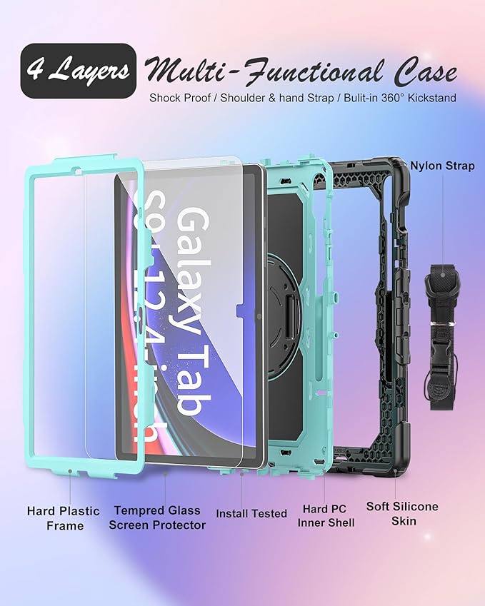 Tablet Case Compatible with Samsung Galaxy Tab S10 Plus 2024/S9 FE+/S9 Plus 5G Case 12.4-inch 2023,with Tempered Glass Screen Protector,Rotating Kickstand, Shoulder Strap (SkyBlue)