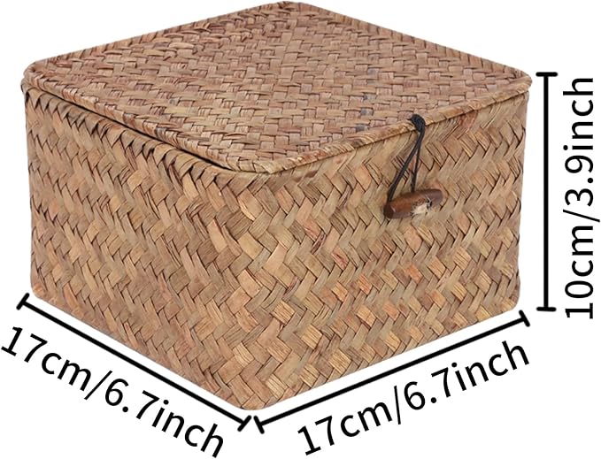Wicker Shelf Baskets with Lid, Handwoven Seagrass Storage Basket Bins Square Gift Boxes for Shelves Home Decor Organizer (Coffee, X-Small)