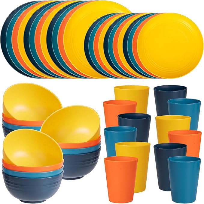 LIYH 48 Pcs Wheat Straw Dinnerware Plates and Bowls Set Dishwasher Safe Unbreakable Light Weight Plates Service for 12 Reusable Multicolor Dinnerware Set Dish Sets 24 Plate 12 Bowl 12 Cup