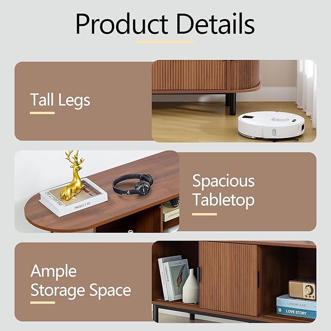 63" Fluted TV Stand for 65/70 Inch, Mid Century Modern Console With Sliding Doors, Curved Gaming Entertainment Center, Media Console for Living Room, Bedroom (Walnut, 63inch-4doors)