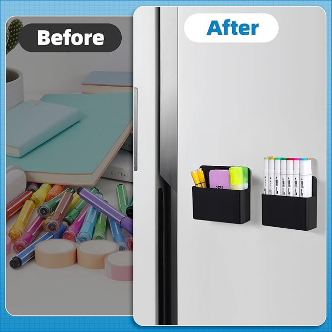 Mabrasse 2p Magnetic Dry Erase Marker Holder,Pen and Eraser Holder for Whiteboard, Magnet Pencil Cup Utility Storage Organizer for Office, Refrigerator, Locker and Metal Cabinets (Black)