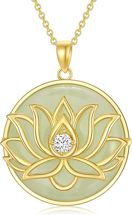 Jade Lotus Necklace for Women 14k Gold Plated Sterling Silver Good Fortune Jade Jewelry Birthday Christmas Gifts for Women Mom Wife