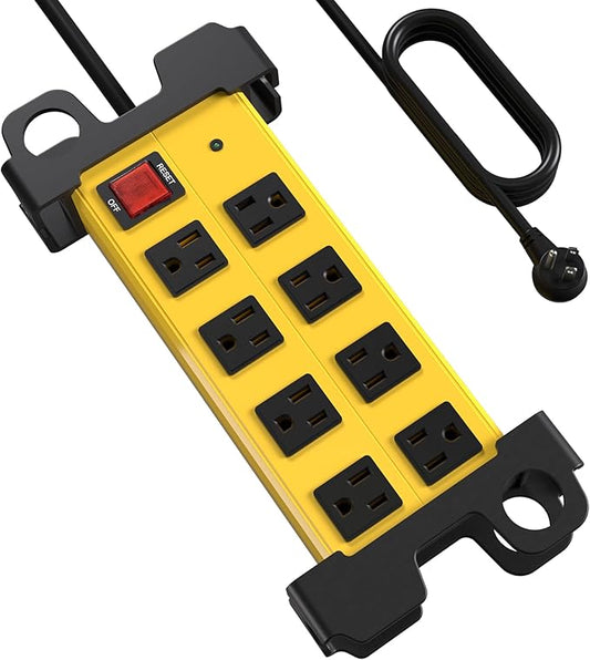 Heavy Duty Power Strip 8 Outlets - Surge Protector 2700J with 6FT Long Extension Cord, Industrial Metal Powerstrip 15Amp, Wall Mount Plug for Garage Workshop Outdoor Home Office, Wide Spaced (6ft)