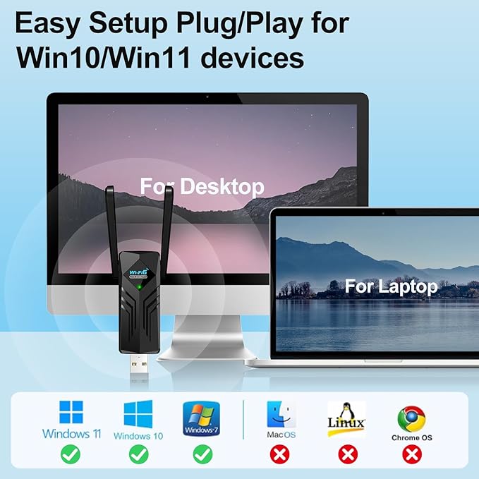 USB WiFi 6 Adapter with Bluetooth Dual 3dBi Antennas 5GHz/2.4GHz Dual Band Wireless Network Adapter for Desktop PC Laptop Windows 11/10/7 Gaming Streaming Stable Connection