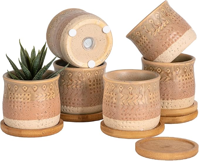 TAMAYKIM 2.75 Inch Mini Ceramic Succulent Plant Pots, Retro Tiny Planter Pots with Saucer & Drainage Hole, for Cactus, Small Plants, Set of 6, Brown Beige