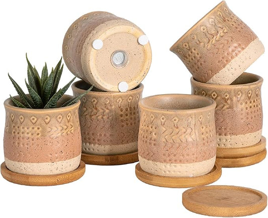 TAMAYKIM 2.75 Inch Mini Ceramic Succulent Plant Pots, Retro Tiny Planter Pots with Saucer & Drainage Hole, for Cactus, Small Plants, Set of 6, Brown Beige