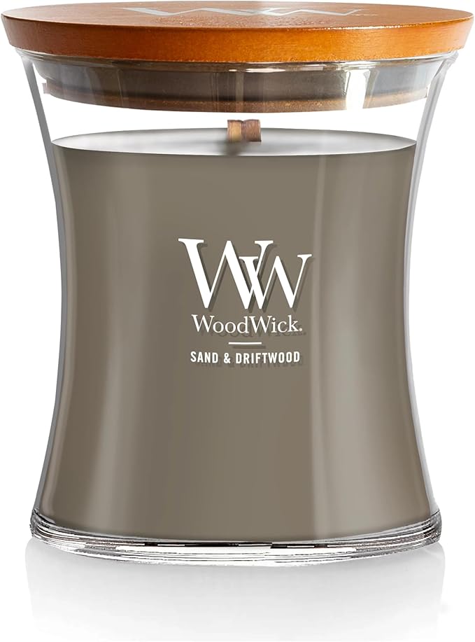 WoodWick Medium Hourglass Candle Sand/Driftwood - Premium Soy Blend Wax Pluswick Innovation Wood Wick Made in USA