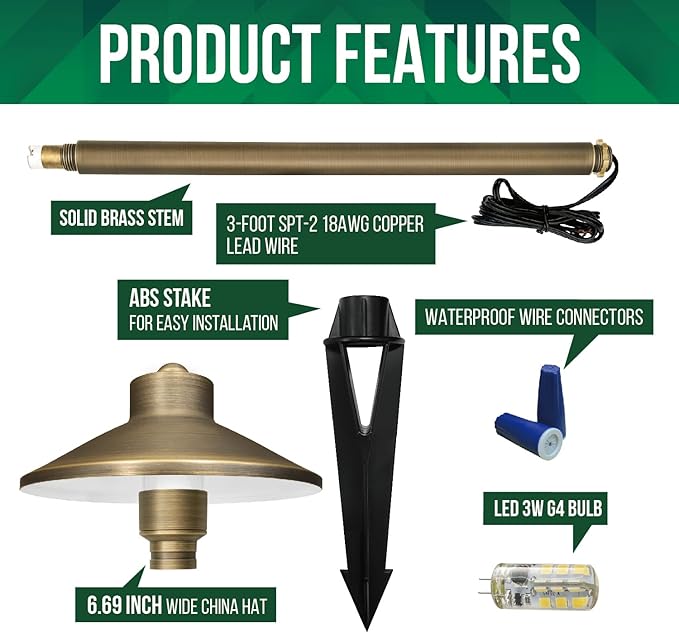 GKOLED Solid Brass Landscape Path Lights (6.7" Shade, 20" Tall), Low Voltage LED 3W 12-24V AC/DC China Hat Path Lighting, 2700K Outdoor Waterproof Walkway Light, with Stake and G4 Bulb, 2 Pack