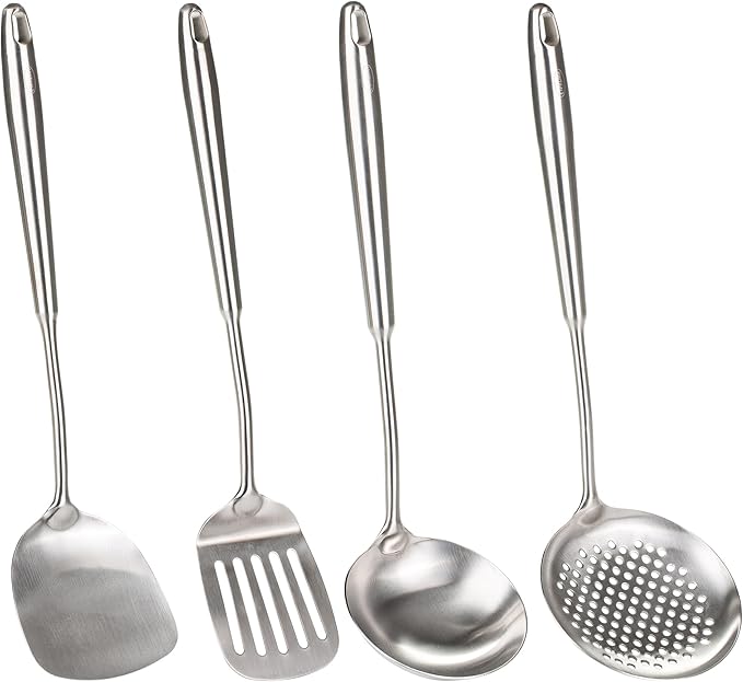 FJNATINH 4-Pieces 304 Stainless Steel Wok Spatula Set,Cooking Utensil Set,Soup Ladle Colander,Nonstick Kitchen Cooking Utensils Set with Spatula,Kitchenware Tools