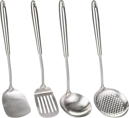 FJNATINH 4-Pieces 304 Stainless Steel Wok Spatula Set,Cooking Utensil Set,Soup Ladle Colander,Nonstick Kitchen Cooking Utensils Set with Spatula,Kitchenware Tools