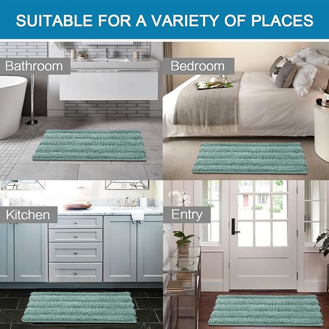 H.VERSAILTEX Bathroom Rugs Non Slip Thick Shaggy Chenille Bathroom Rug Mat Set Extra Soft and Absorbent Striped Floor Rugs, 2 Piece, Machine-Washable, Eggshell Blue