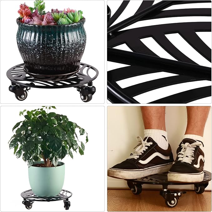 1 Pack 12 inches Large Metal Plant Caddy with 3 PU Metal Wheels Rolling Plant Stand with Casters Indoor Outdoor Wheeled Planter Roller Base Pot Movers Plant Dolly Coaster Trolley Black